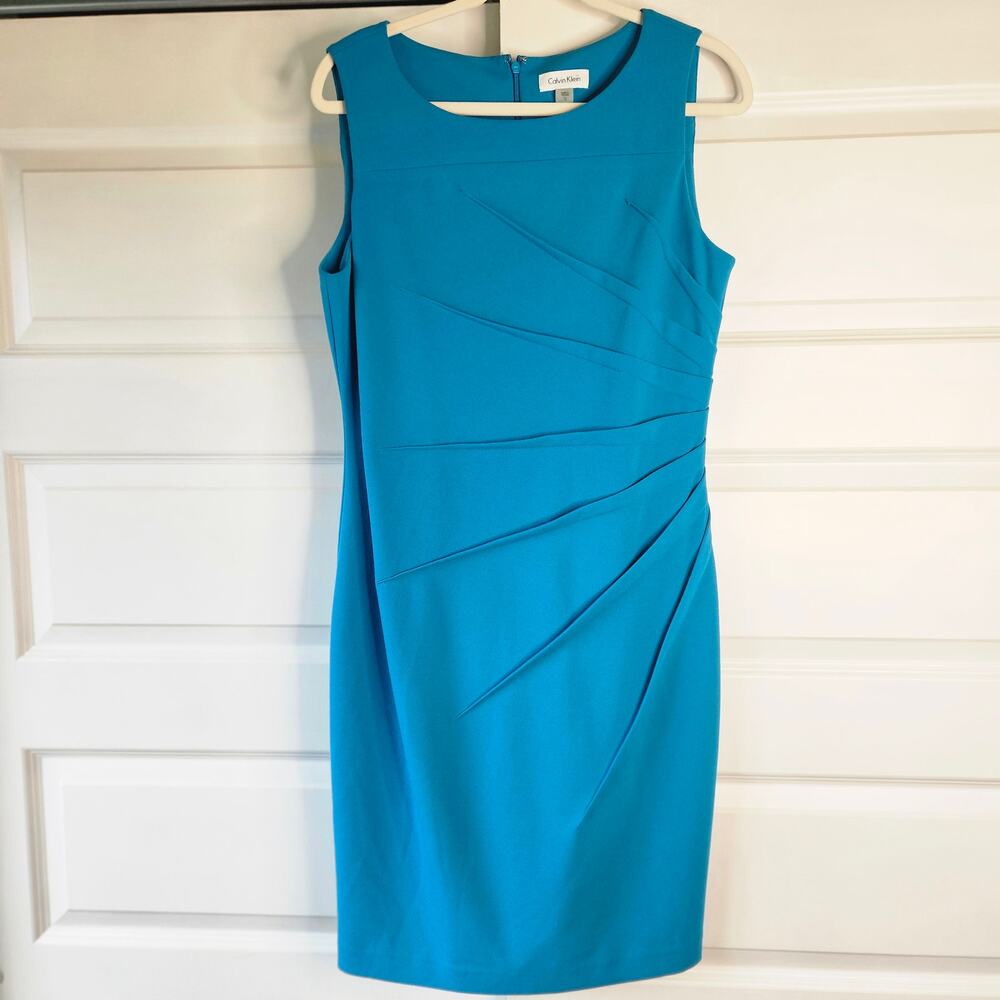 Calvin Klein Sunburst Sheath Dress Size 12 Teal Blue Sleeveless NWOT